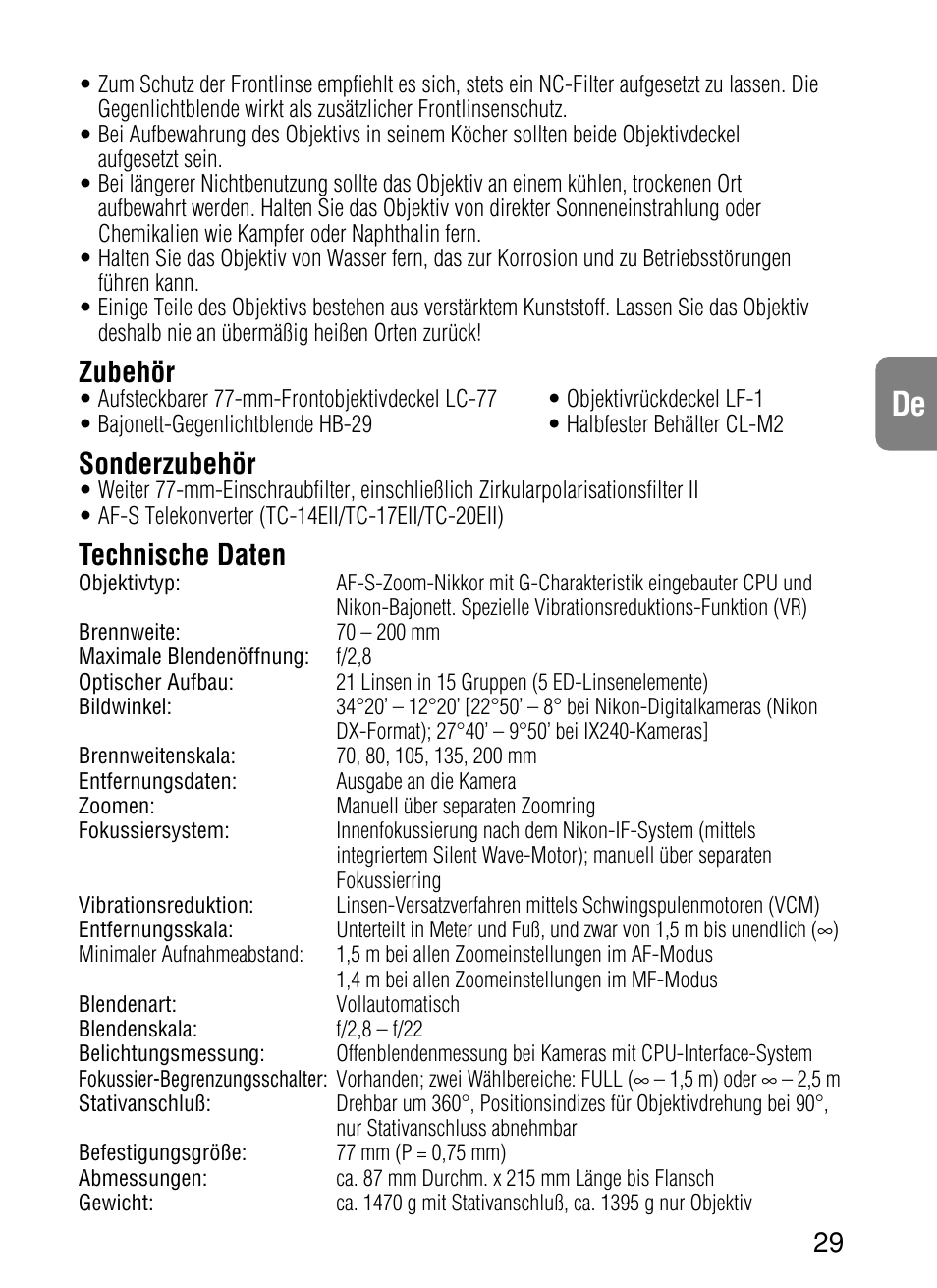 Zubehör, Sonderzubehör, Technische daten | Nikon 70-200mm-f-28G-ED-IF-AF-S-VR-Zoom-Nikko User Manual | Page 29 / 72