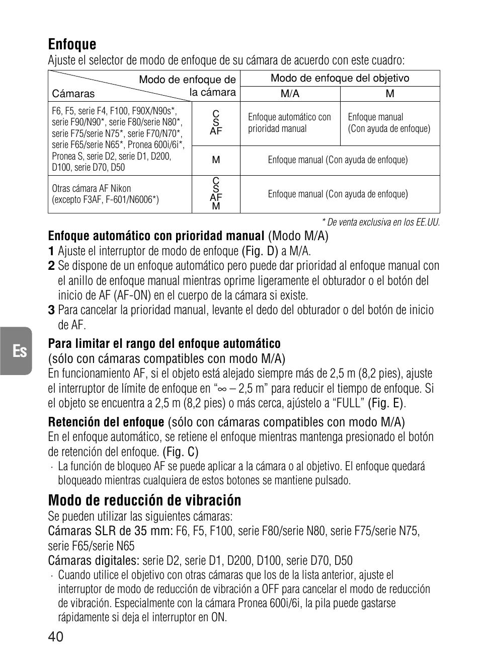 Enfoque, Modo de reducción de vibración | Nikon 70-200mm-f-28G-ED-IF-AF-S-VR-Zoom-Nikko User Manual | Page 40 / 72