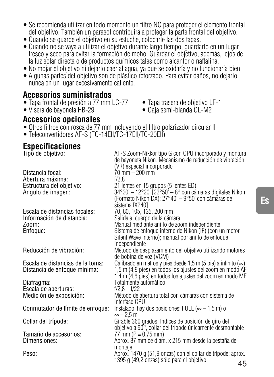 Accesorios suministrados, Accesorios opcionales, Especificaciones | Nikon 70-200mm-f-28G-ED-IF-AF-S-VR-Zoom-Nikko User Manual | Page 45 / 72