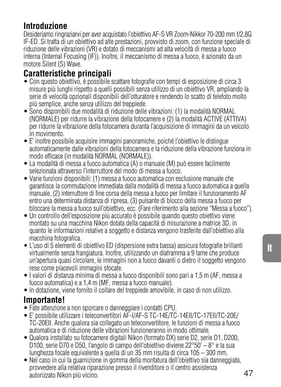 Introduzione, Caratteristiche principali, Importante | Nikon 70-200mm-f-28G-ED-IF-AF-S-VR-Zoom-Nikko User Manual | Page 47 / 72