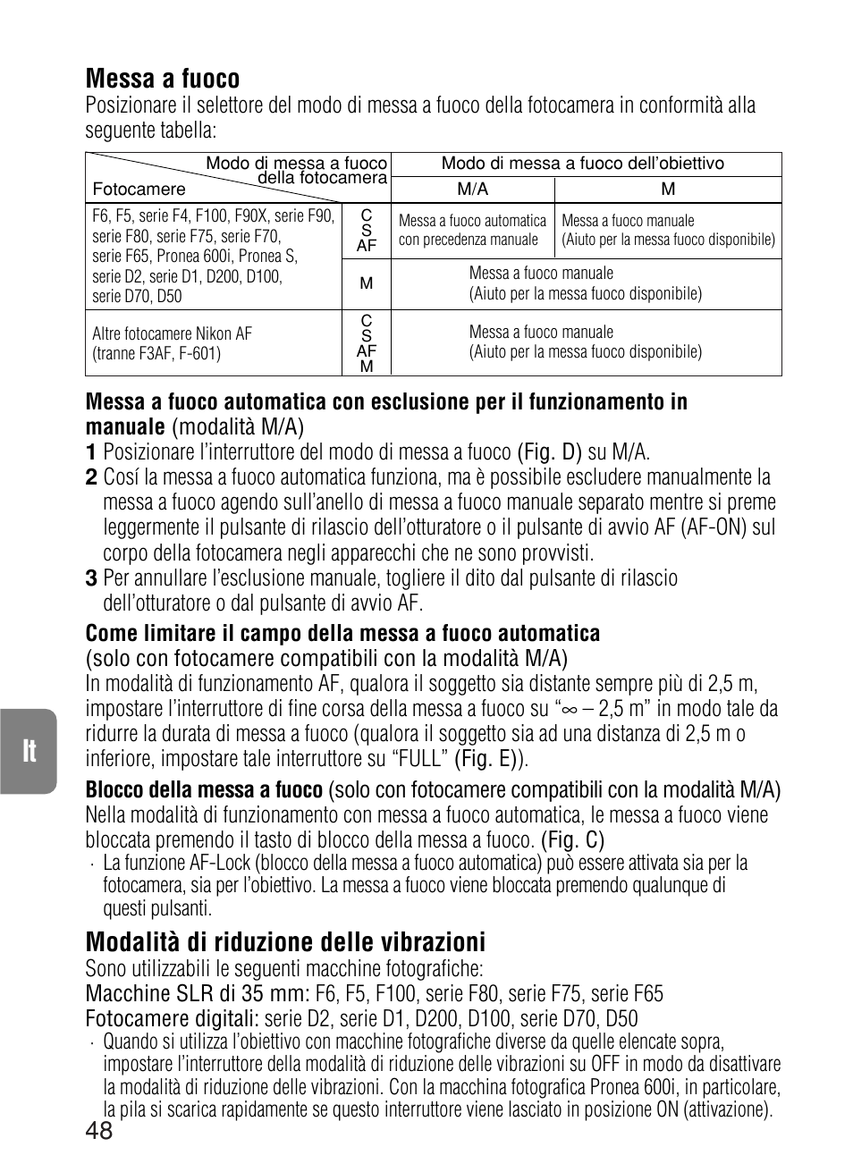 Messa a fuoco, Modalità di riduzione delle vibrazioni | Nikon 70-200mm-f-28G-ED-IF-AF-S-VR-Zoom-Nikko User Manual | Page 48 / 72