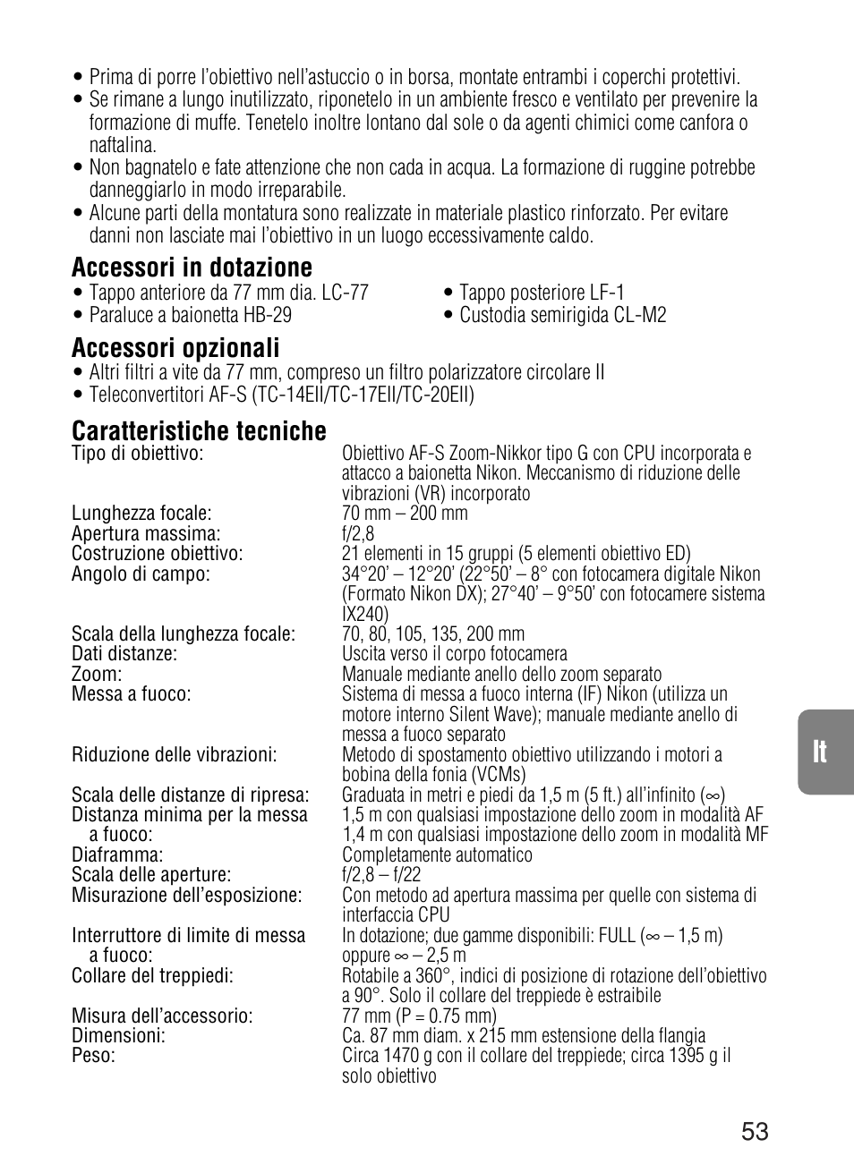 Accessori in dotazione, Accessori opzionali, Caratteristiche tecniche | Nikon 70-200mm-f-28G-ED-IF-AF-S-VR-Zoom-Nikko User Manual | Page 53 / 72
