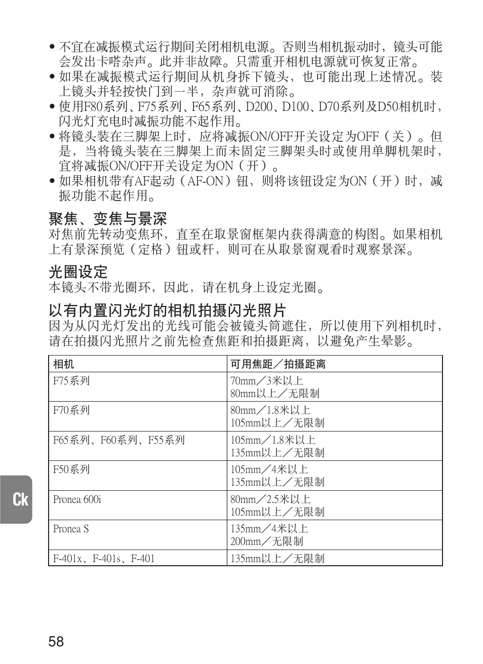 聚焦﹑變焦與景深, 光圈設定, 以有內置閃光燈的相機拍攝閃光照片 | Nikon 70-200mm-f-28G-ED-IF-AF-S-VR-Zoom-Nikko User Manual | Page 58 / 72