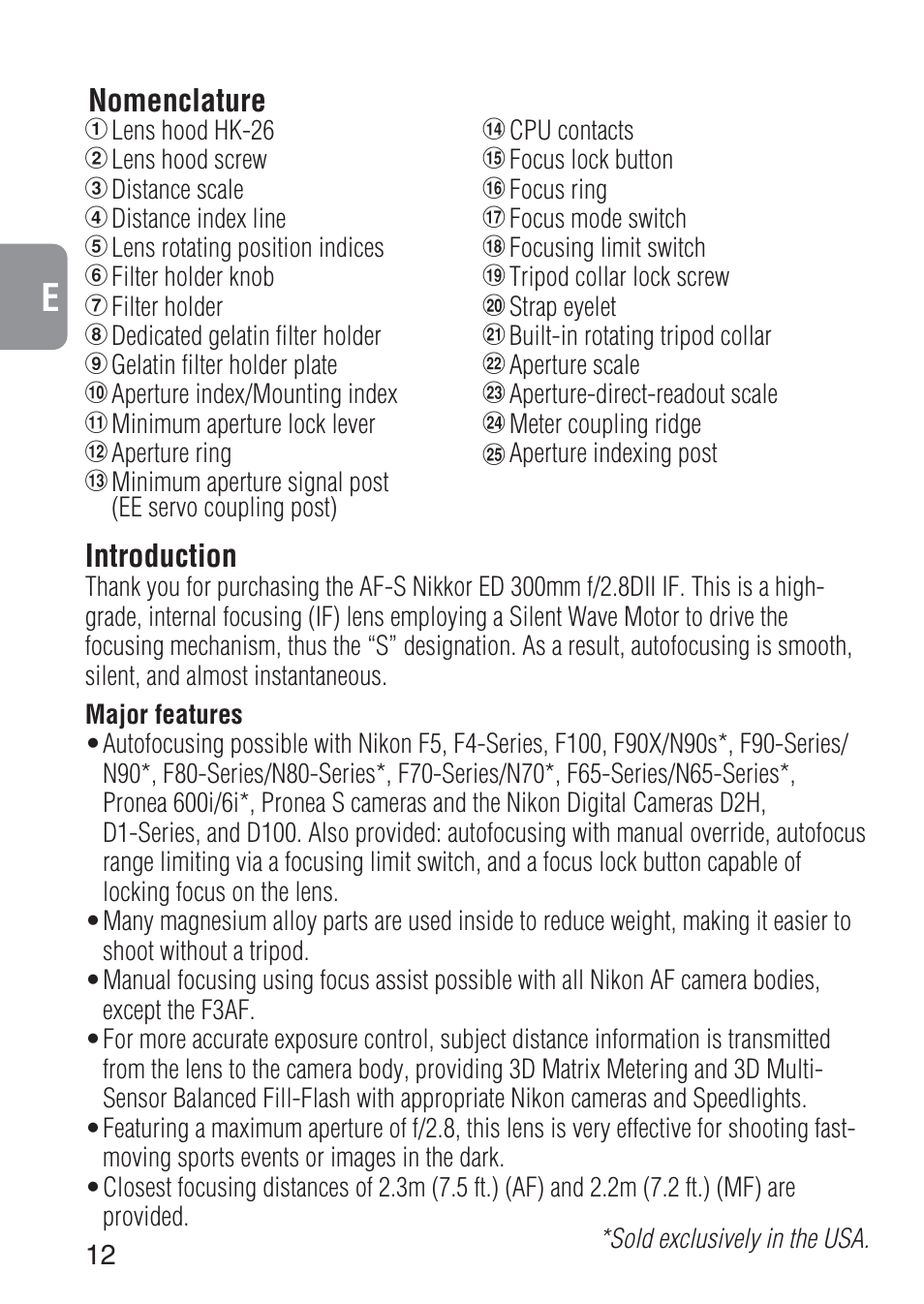 Introduction, Nomenclature | Nikon 300mm-f-28D-IF-ED-AF-S-II-Nikkor User Manual | Page 12 / 56
