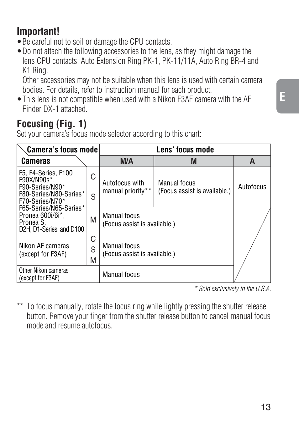 Important, Focusing (fig. 1) | Nikon 300mm-f-28D-IF-ED-AF-S-II-Nikkor User Manual | Page 13 / 56