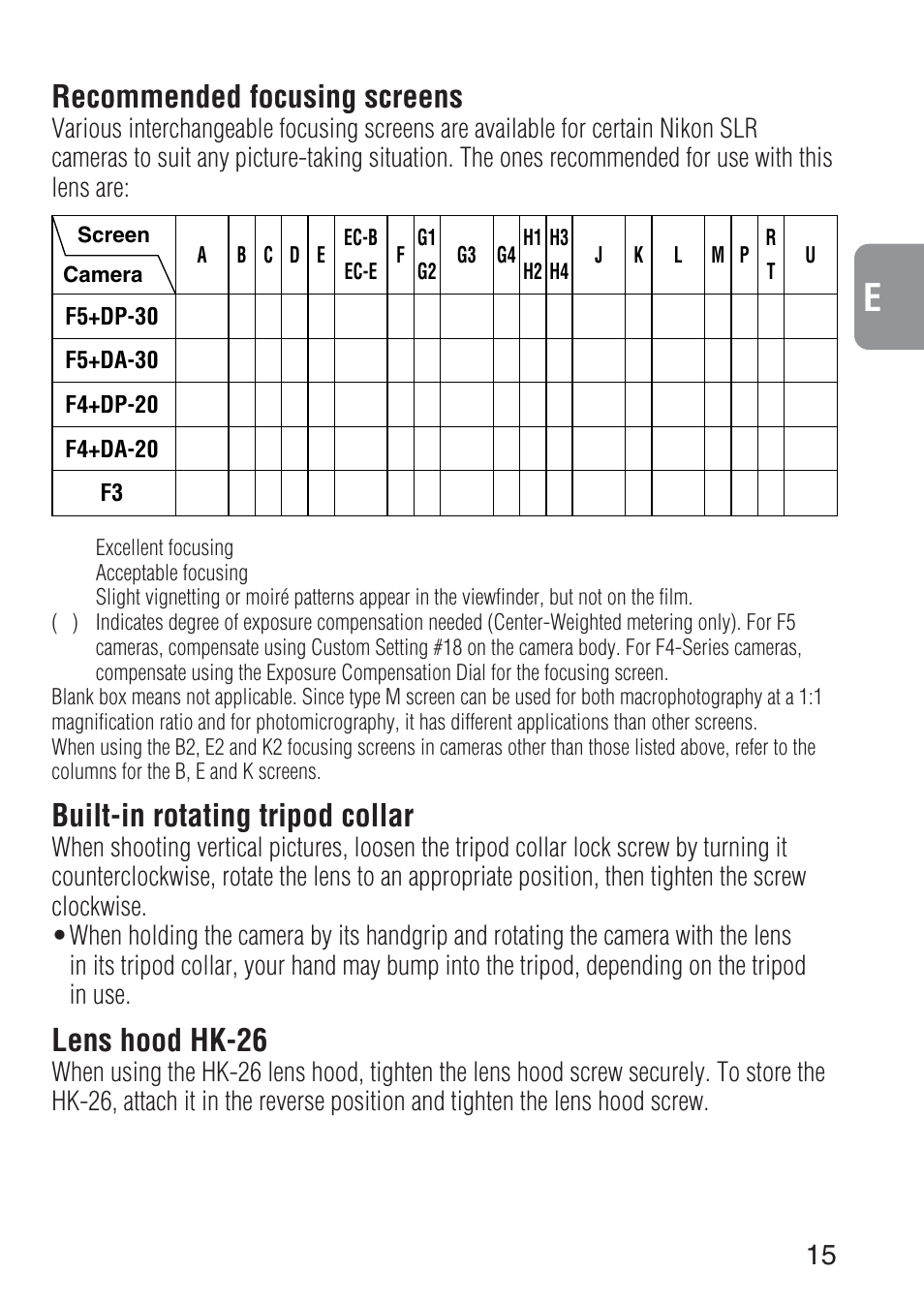 Recommended focusing screens, Built-in rotating tripod collar, Lens hood hk-26 | Nikon 300mm-f-28D-IF-ED-AF-S-II-Nikkor User Manual | Page 15 / 56