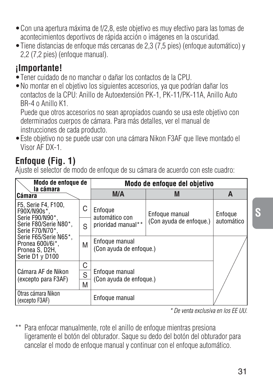 Importante, Enfoque (fig. 1) | Nikon 300mm-f-28D-IF-ED-AF-S-II-Nikkor User Manual | Page 31 / 56