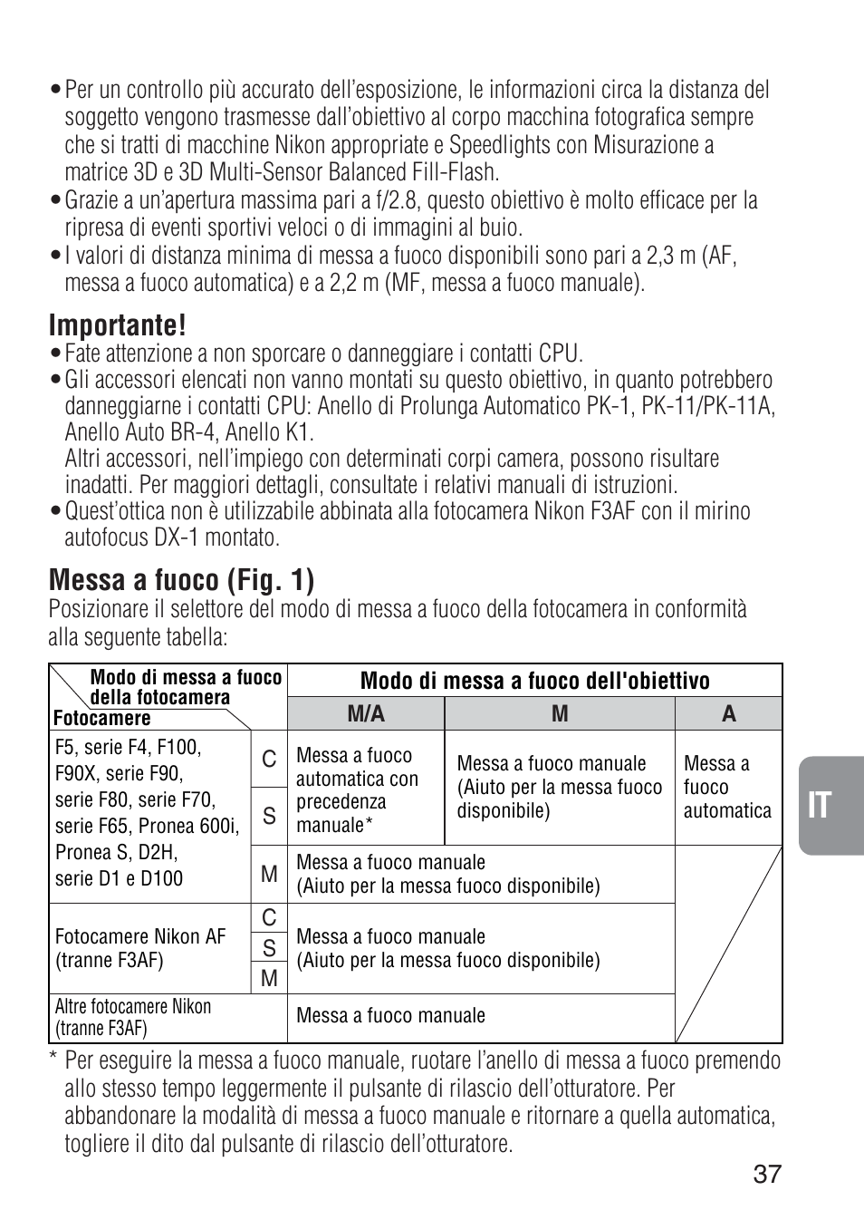 Importante, Messa a fuoco (fig. 1) | Nikon 300mm-f-28D-IF-ED-AF-S-II-Nikkor User Manual | Page 37 / 56