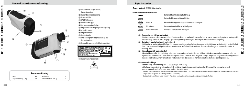 Nomenklatur/sammansättning, Byta batterier | Nikon Forestry User Manual | Page 111 / 229