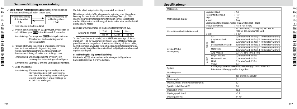 Sammanfattning av användning specifikationer | Nikon Forestry User Manual | Page 114 / 229