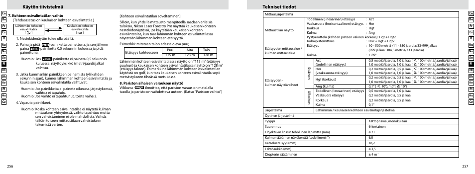 Käytön tiivistelmä tekniset tiedot | Nikon Forestry User Manual | Page 129 / 229