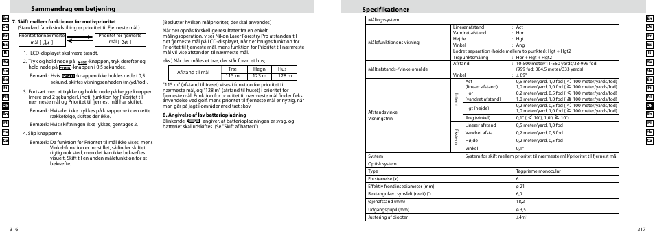 Sammendrag om betjening specifikationer | Nikon Forestry User Manual | Page 159 / 229