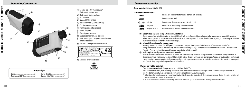 Denumire/compoziţie, Înlocuirea bateriilor | Nikon Forestry User Manual | Page 171 / 229