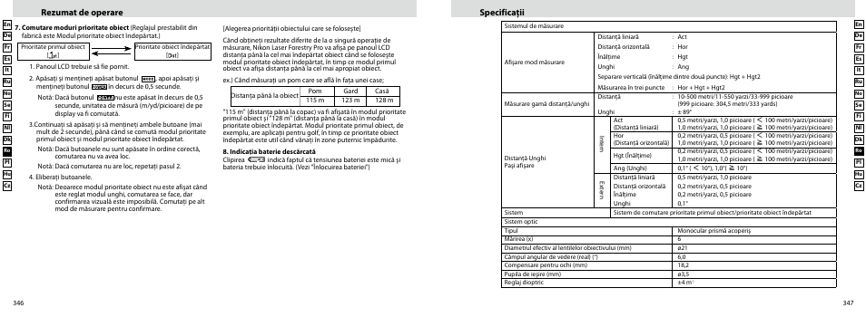 Rezumat de operare specificaţii | Nikon Forestry User Manual | Page 174 / 229