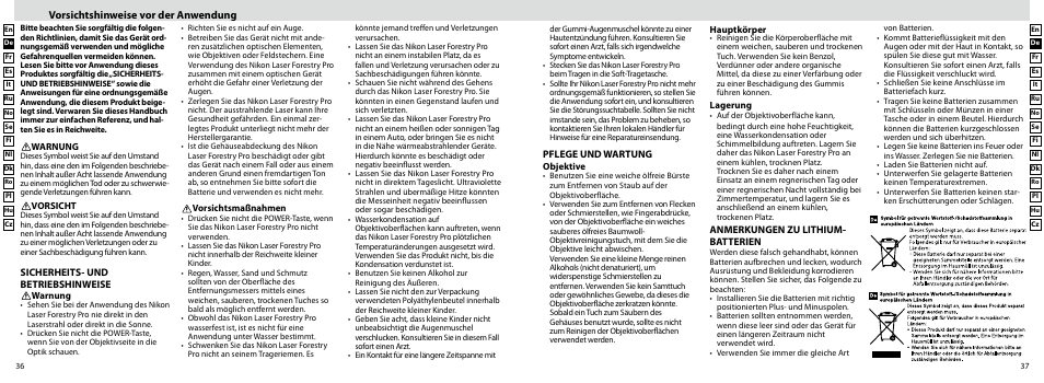 Vorsichtshinweise vor der anwendung | Nikon Forestry User Manual | Page 19 / 229