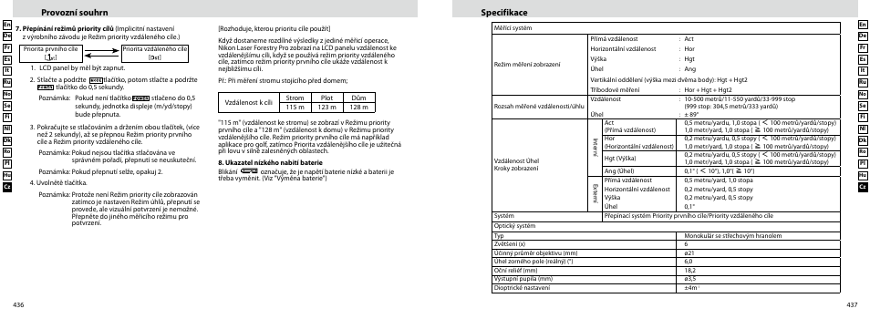 Provozní souhrn specifikace | Nikon Forestry User Manual | Page 219 / 229