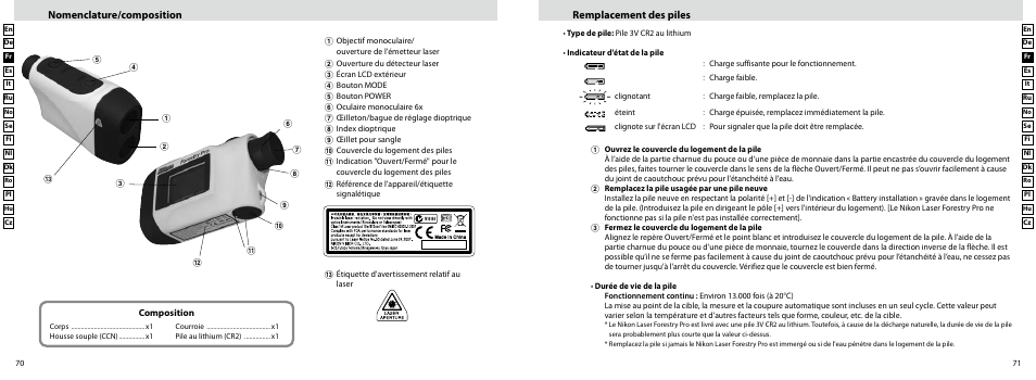 Nomenclature/composition, Remplacement des piles | Nikon Forestry User Manual | Page 36 / 229