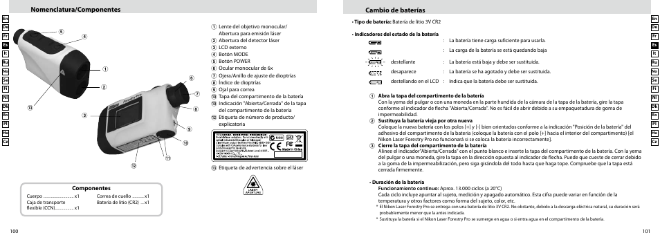 Nomenclatura/componentes, Cambio de baterías | Nikon Forestry User Manual | Page 51 / 229