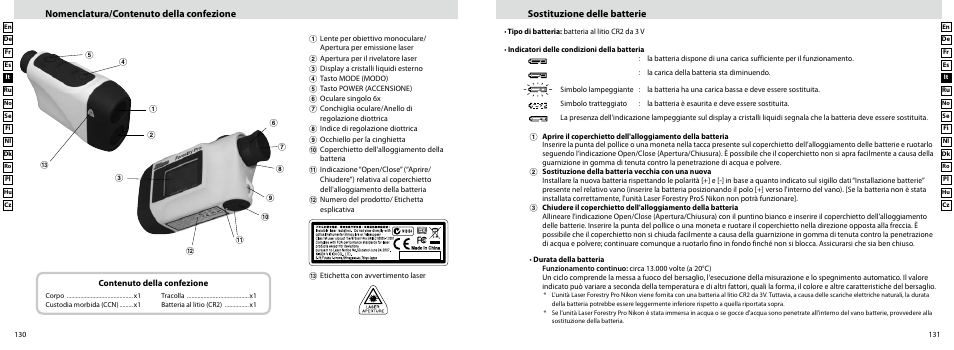 Nomenclatura/contenuto della confezione, Sostituzione delle batterie | Nikon Forestry User Manual | Page 66 / 229
