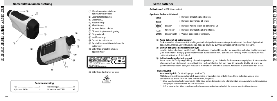 Nomenklatur/sammensetning, Skifte batterier | Nikon Forestry User Manual | Page 96 / 229