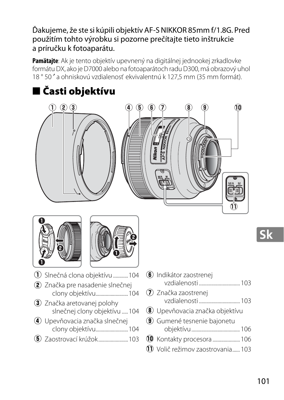 Časti objektívu | Nikon 85mm-f-18G-AF-S-Nikkor User Manual | Page 101 / 172