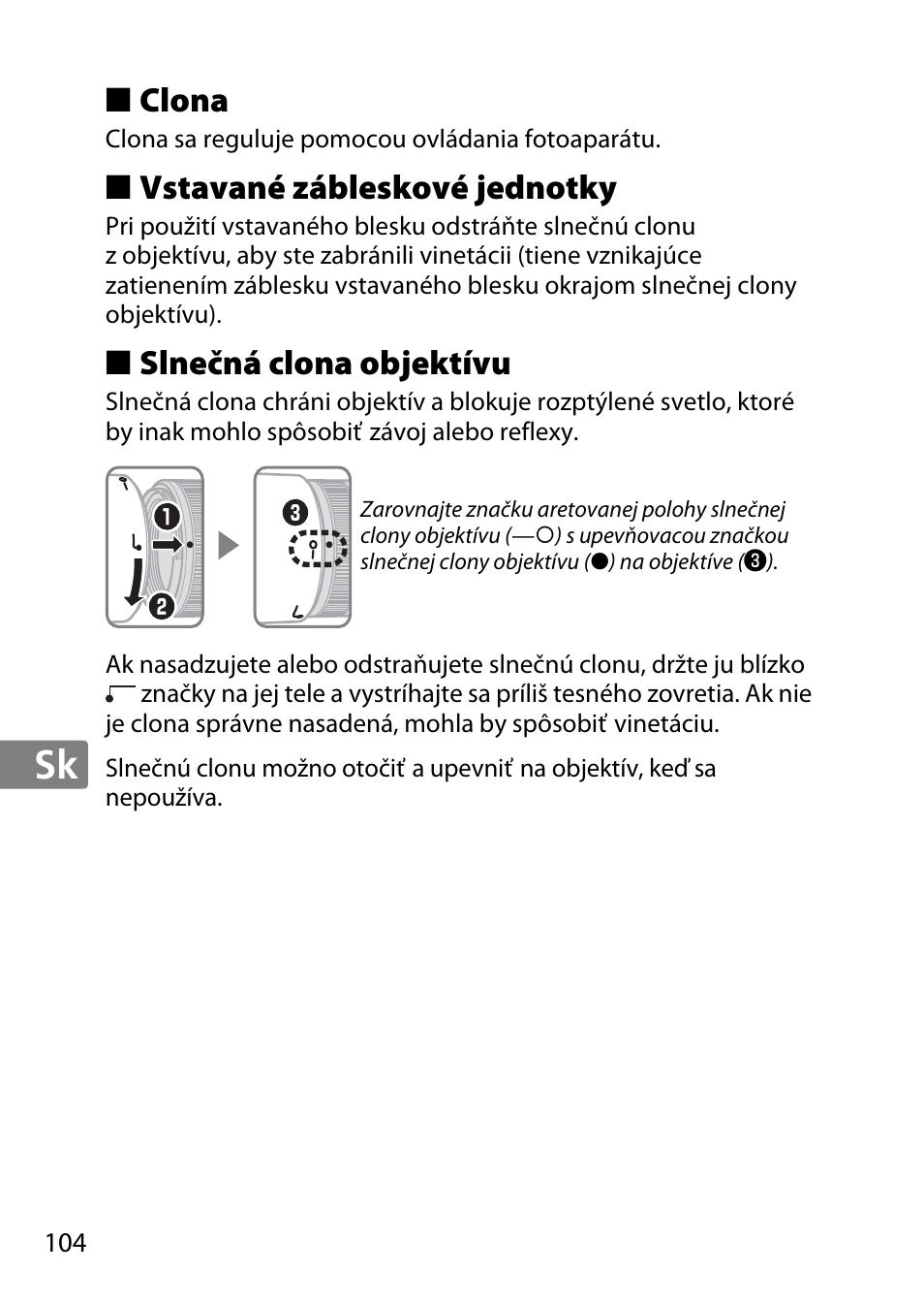 Clona, Vstavané zábleskové jednotky, Slnečná clona objektívu | Nikon 85mm-f-18G-AF-S-Nikkor User Manual | Page 104 / 172