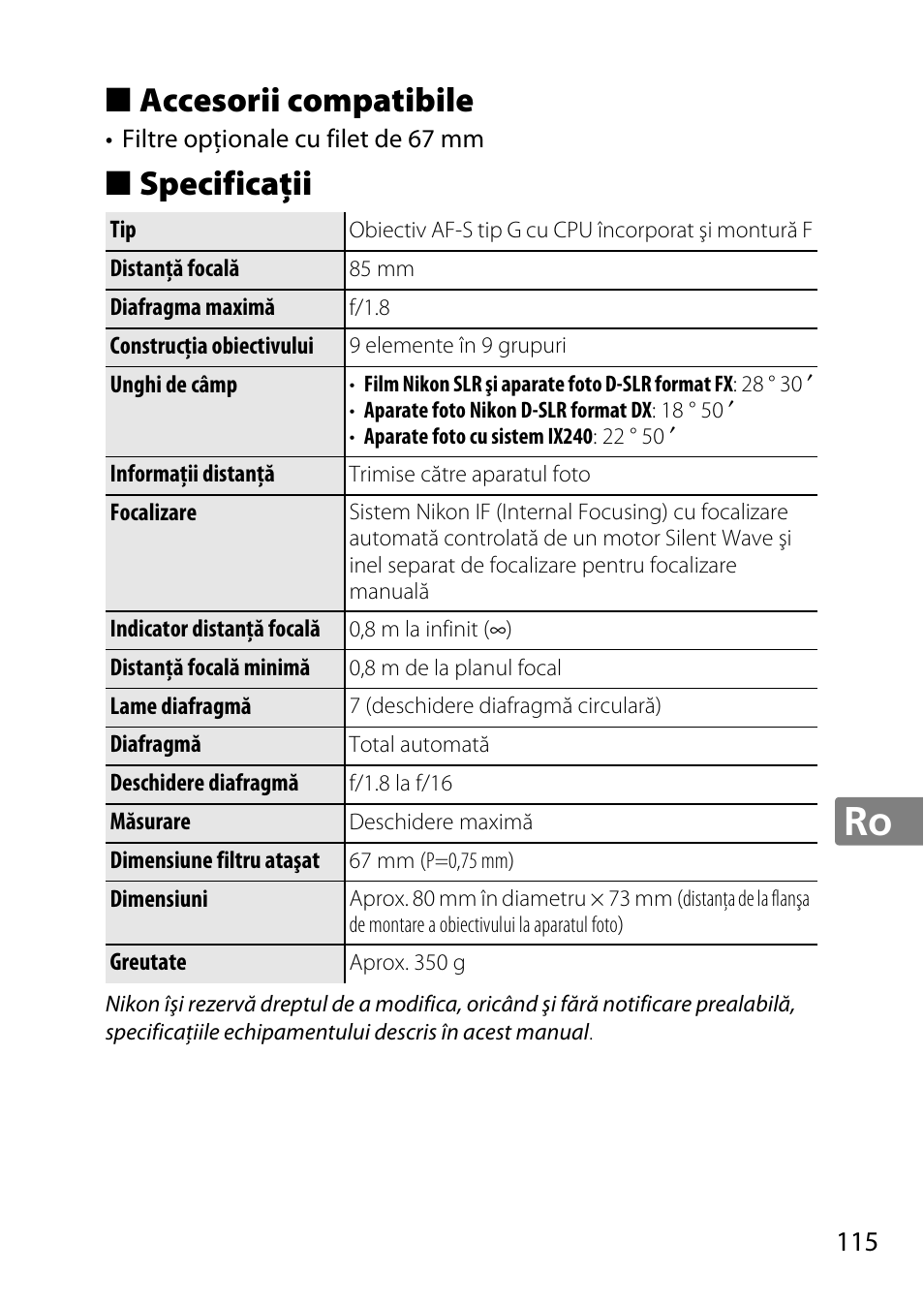 Accesorii compatibile, Specificaţii | Nikon 85mm-f-18G-AF-S-Nikkor User Manual | Page 115 / 172