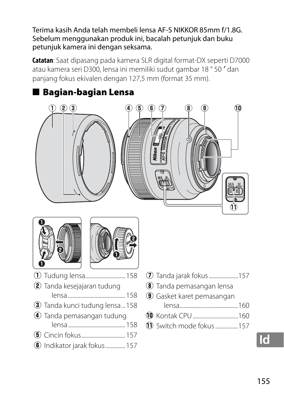 Bagian-bagian lensa | Nikon 85mm-f-18G-AF-S-Nikkor User Manual | Page 155 / 172