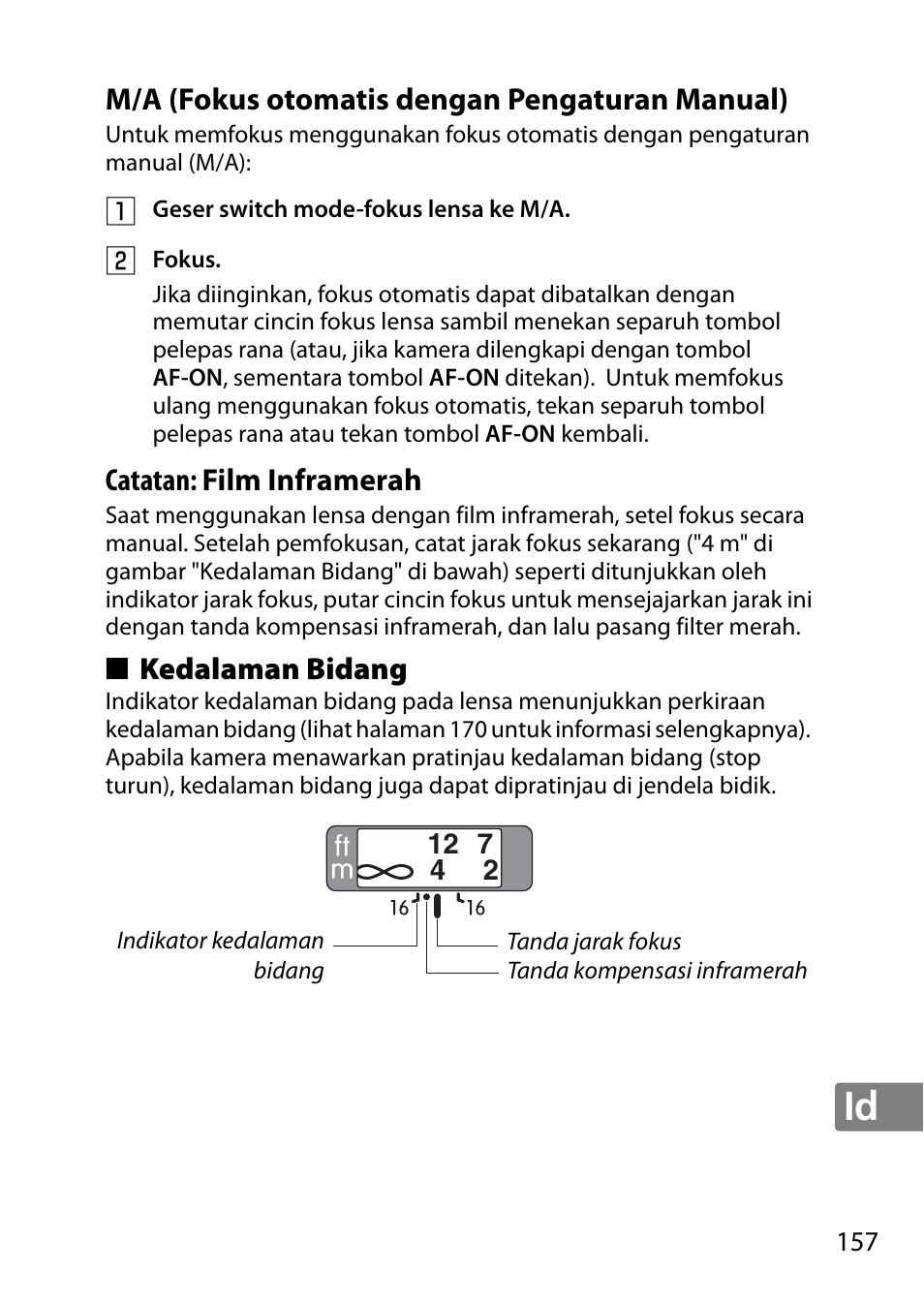 M/a (fokus otomatis dengan pengaturan manual), Kedalaman bidang, Catatan: film inframerah | Nikon 85mm-f-18G-AF-S-Nikkor User Manual | Page 157 / 172