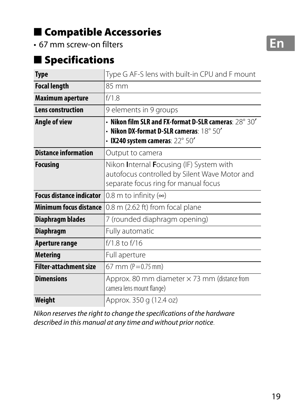 Compatible accessories, Specifications | Nikon 85mm-f-18G-AF-S-Nikkor User Manual | Page 19 / 172