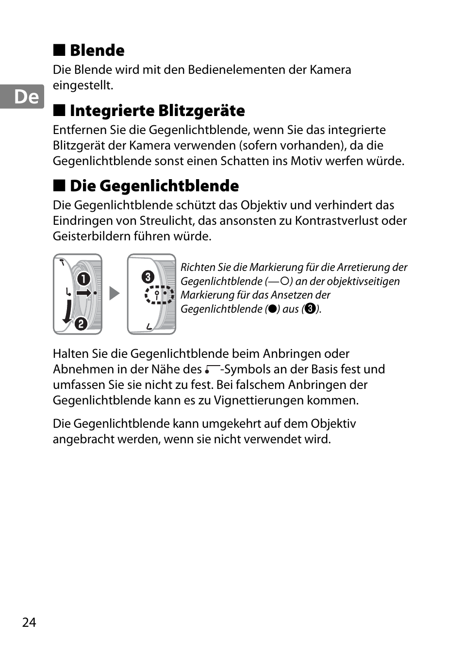 Blende, Integrierte blitzgeräte, Die gegenlichtblende | Nikon 85mm-f-18G-AF-S-Nikkor User Manual | Page 24 / 172