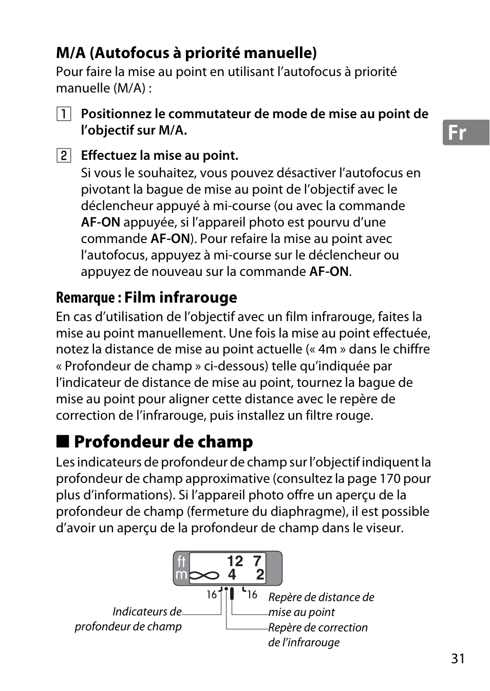 M/a (autofocus à priorité manuelle), Profondeur de champ | Nikon 85mm-f-18G-AF-S-Nikkor User Manual | Page 31 / 172