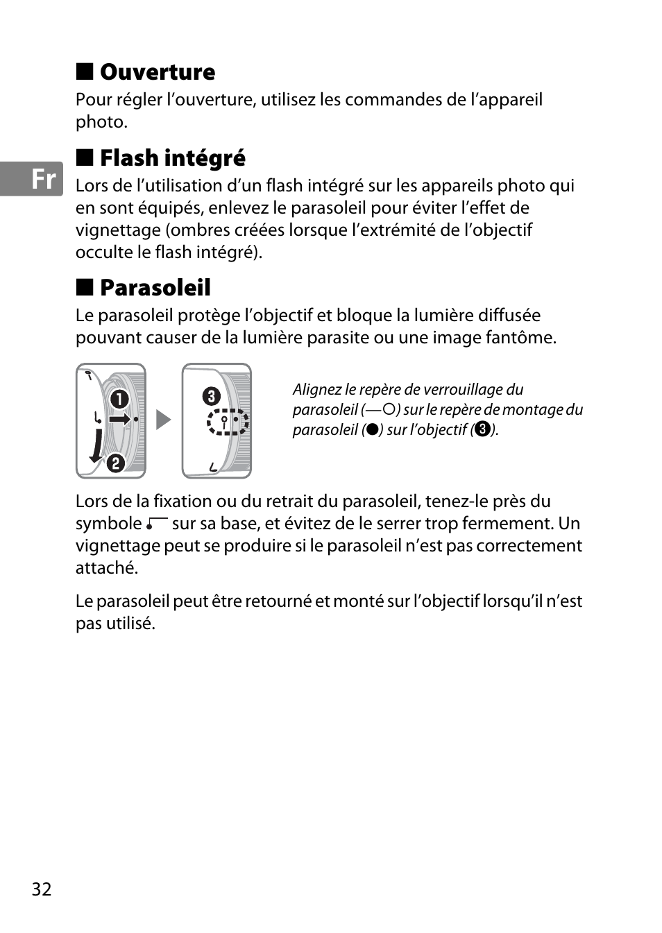 Ouverture, Flash intégré, Parasoleil | Nikon 85mm-f-18G-AF-S-Nikkor User Manual | Page 32 / 172