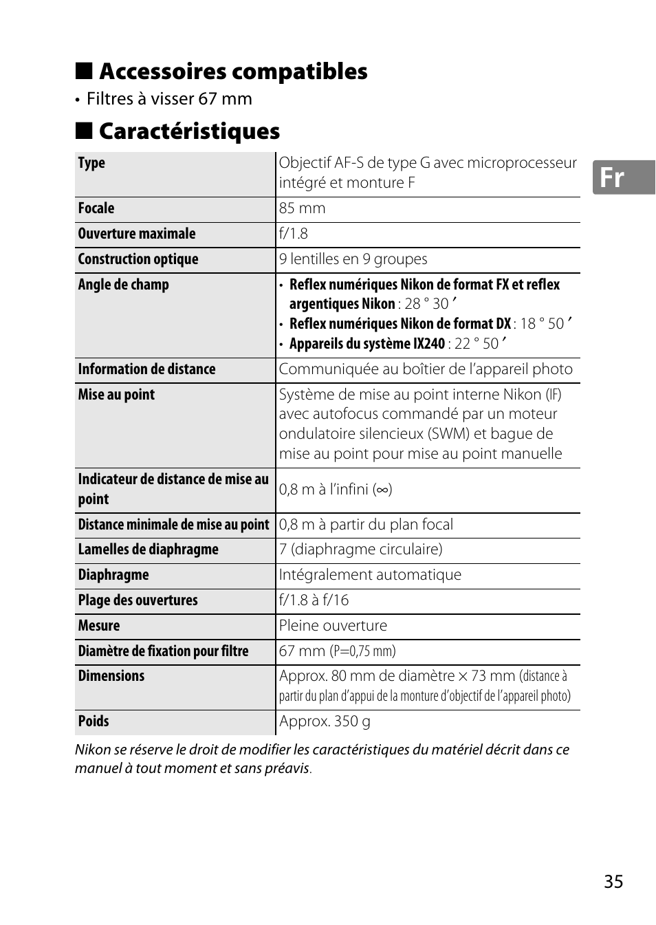 Accessoires compatibles, Caractéristiques | Nikon 85mm-f-18G-AF-S-Nikkor User Manual | Page 35 / 172