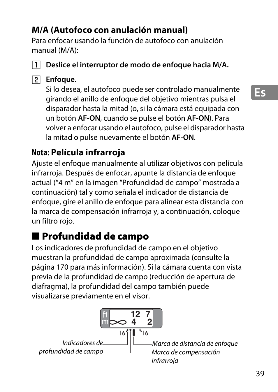 M/a (autofoco con anulación manual), Profundidad de campo | Nikon 85mm-f-18G-AF-S-Nikkor User Manual | Page 39 / 172