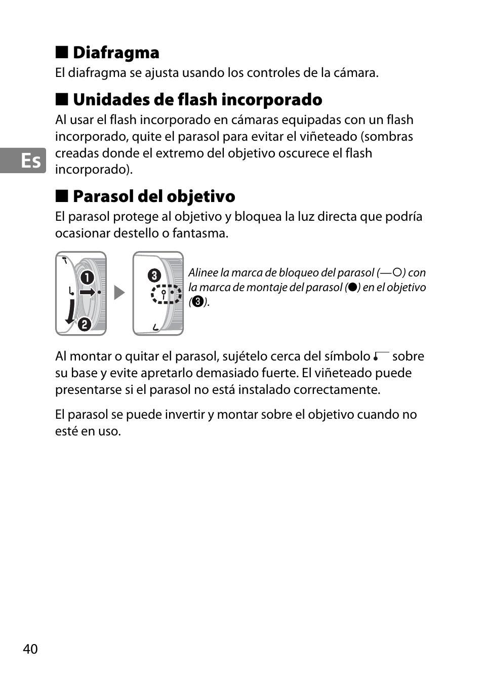 Diafragma, Unidades de flash incorporado, Parasol del objetivo | Nikon 85mm-f-18G-AF-S-Nikkor User Manual | Page 40 / 172