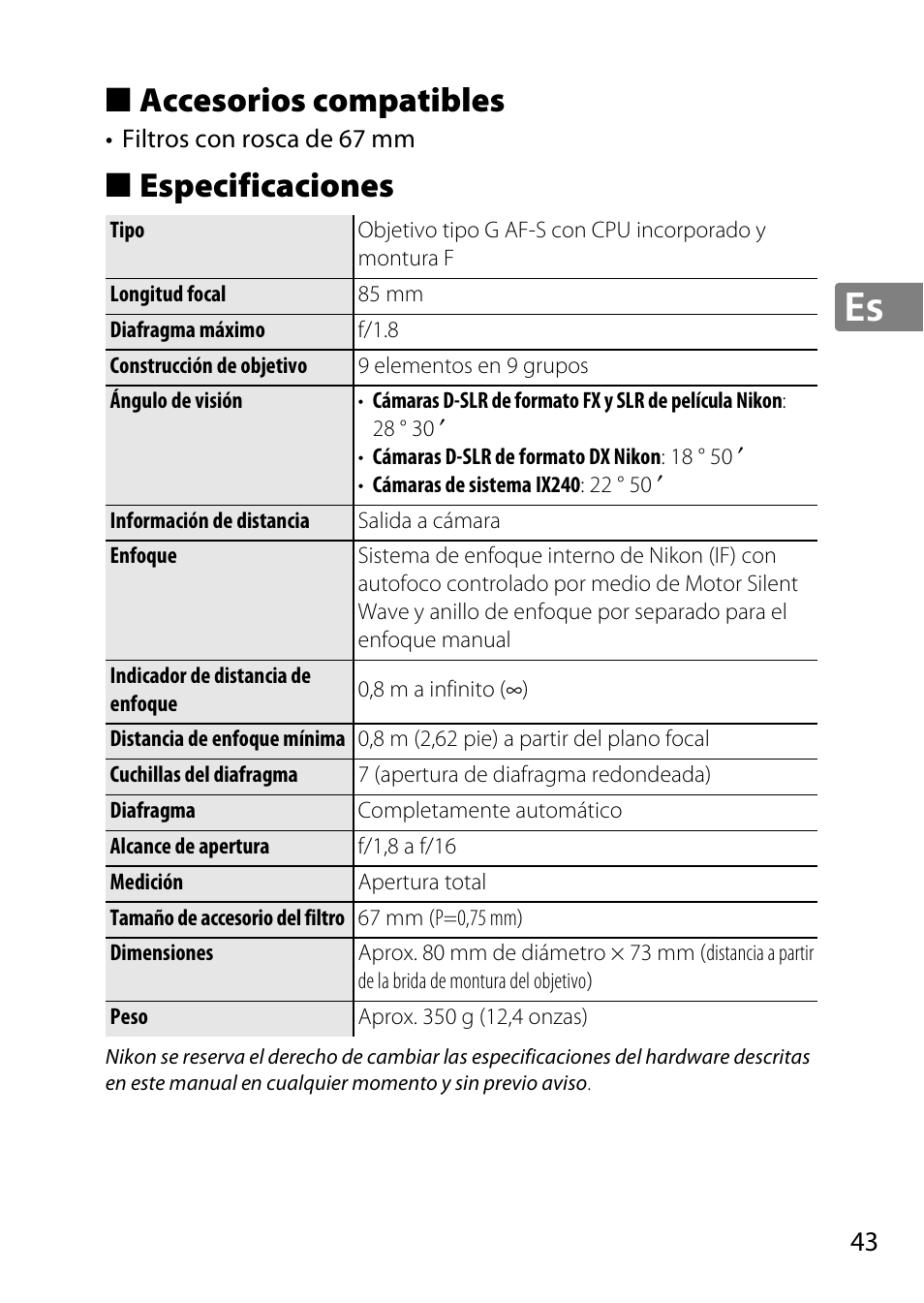 Accesorios compatibles, Especificaciones | Nikon 85mm-f-18G-AF-S-Nikkor User Manual | Page 43 / 172
