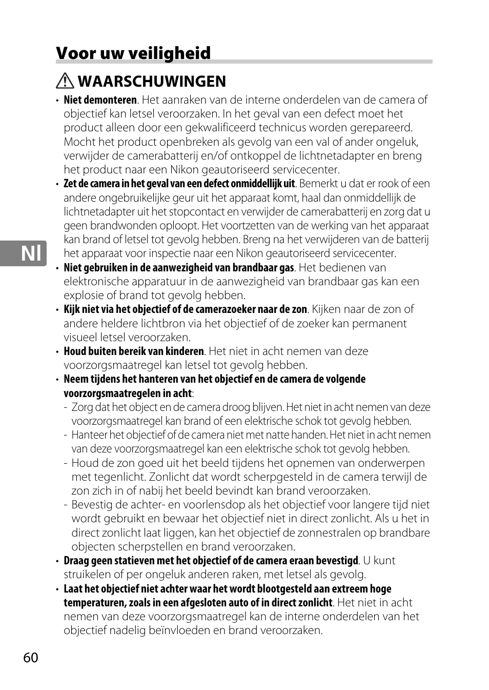 Voor uw veiligheid, Waarschuwingen | Nikon 85mm-f-18G-AF-S-Nikkor User Manual | Page 60 / 172