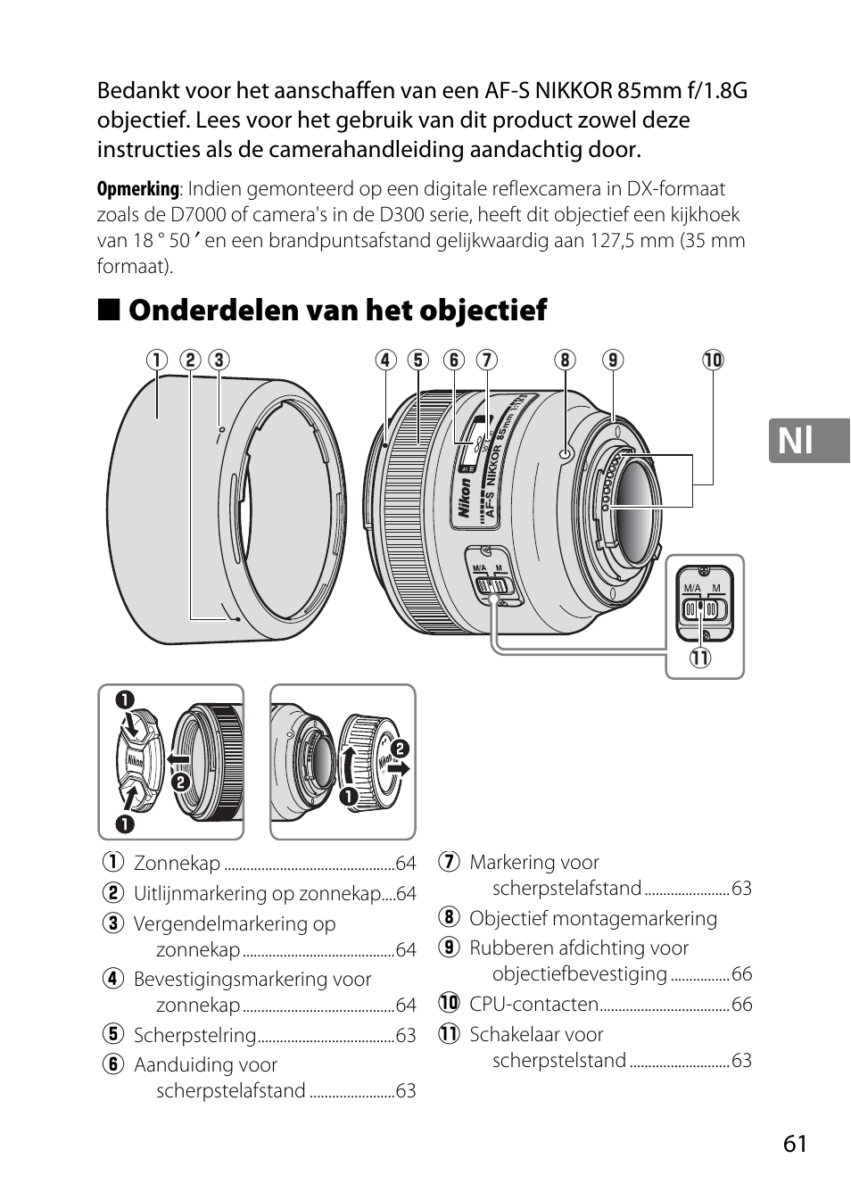 Onderdelen van het objectief | Nikon 85mm-f-18G-AF-S-Nikkor User Manual | Page 61 / 172