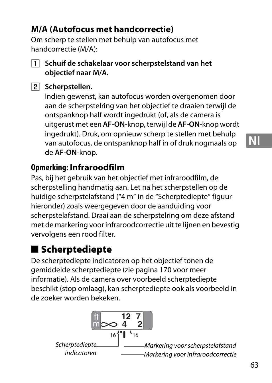 M/a (autofocus met handcorrectie), Scherptediepte | Nikon 85mm-f-18G-AF-S-Nikkor User Manual | Page 63 / 172