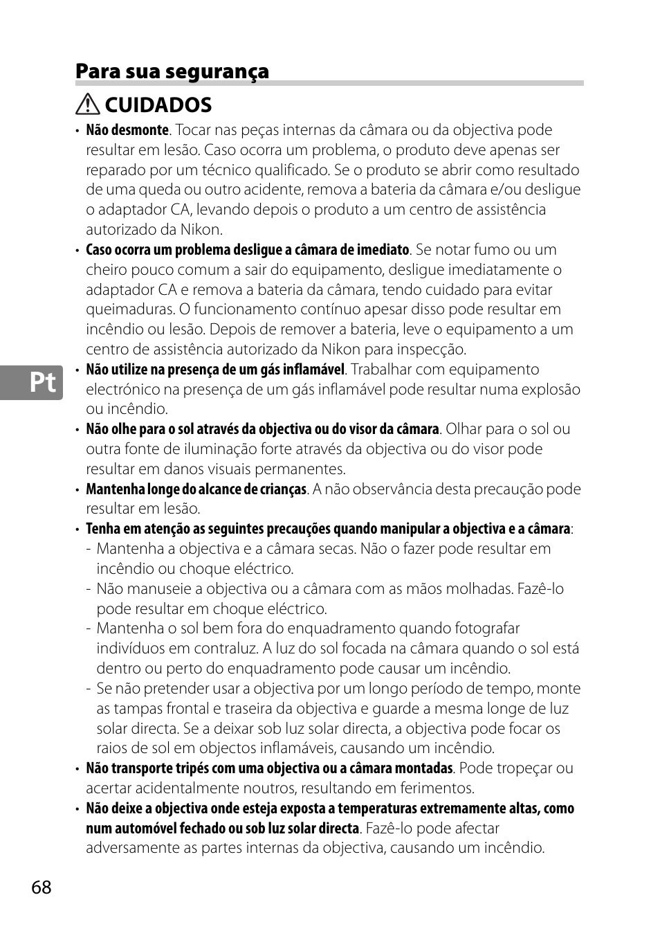 Para sua segurança, Cuidados | Nikon 85mm-f-18G-AF-S-Nikkor User Manual | Page 68 / 172