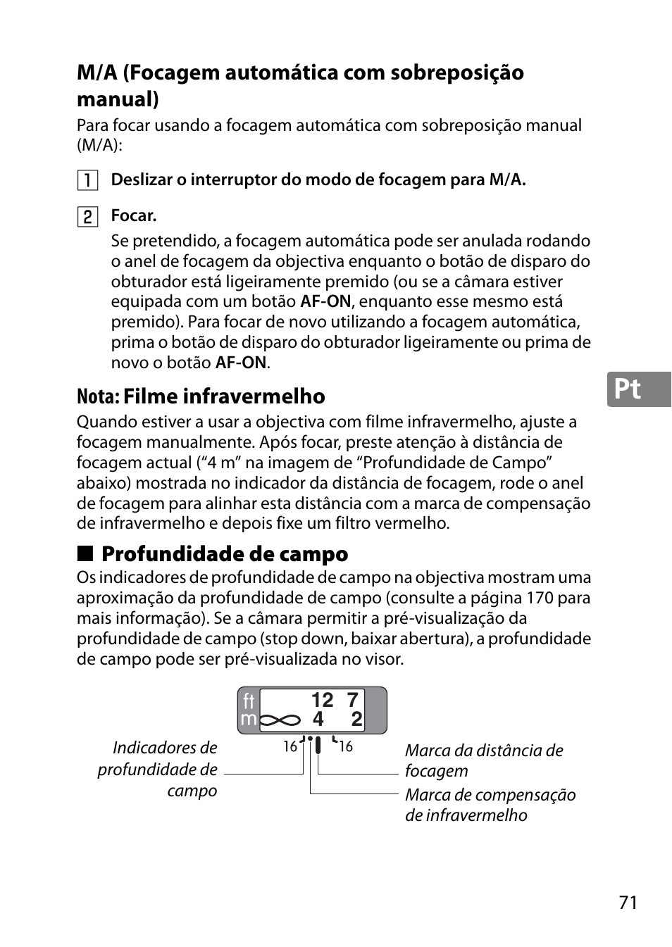 M/a (focagem automática com sobreposição manual), Profundidade de campo, Nota: filme infravermelho | Nikon 85mm-f-18G-AF-S-Nikkor User Manual | Page 71 / 172