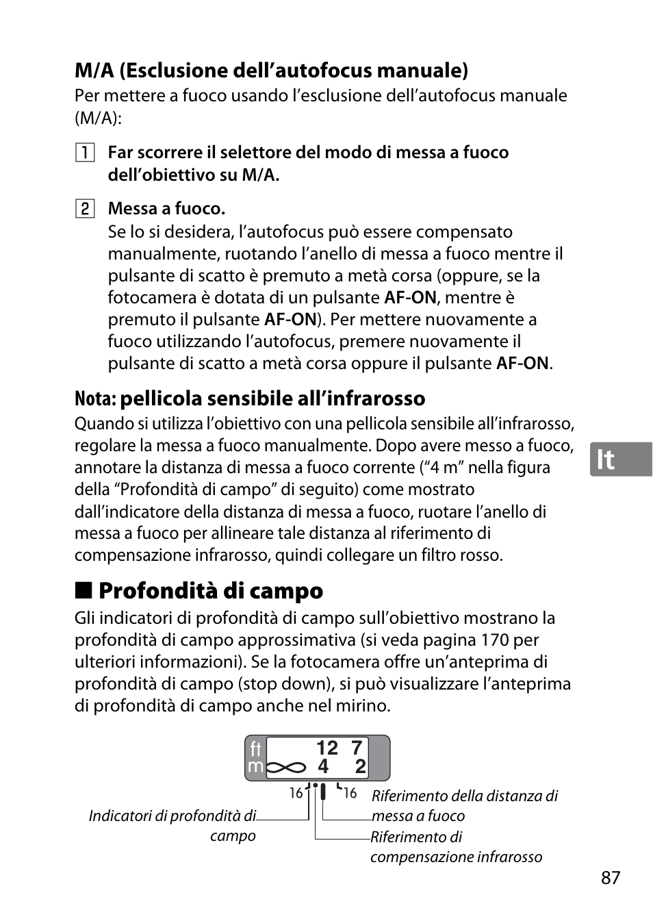 M/a (esclusione dell’autofocus manuale), Profondità di campo | Nikon 85mm-f-18G-AF-S-Nikkor User Manual | Page 87 / 172