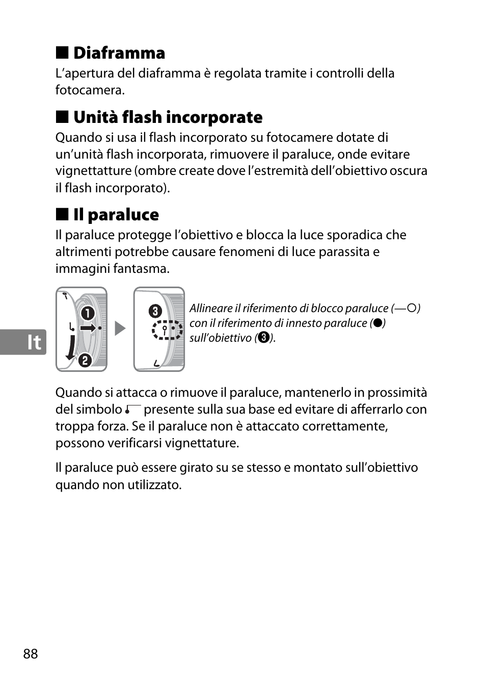 Diaframma, Unità flash incorporate, Il paraluce | Nikon 85mm-f-18G-AF-S-Nikkor User Manual | Page 88 / 172