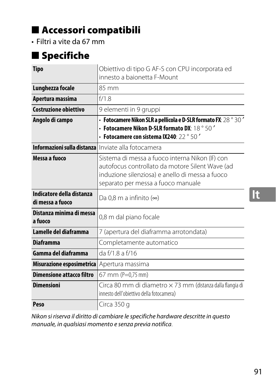 Accessori compatibili, Specifiche | Nikon 85mm-f-18G-AF-S-Nikkor User Manual | Page 91 / 172