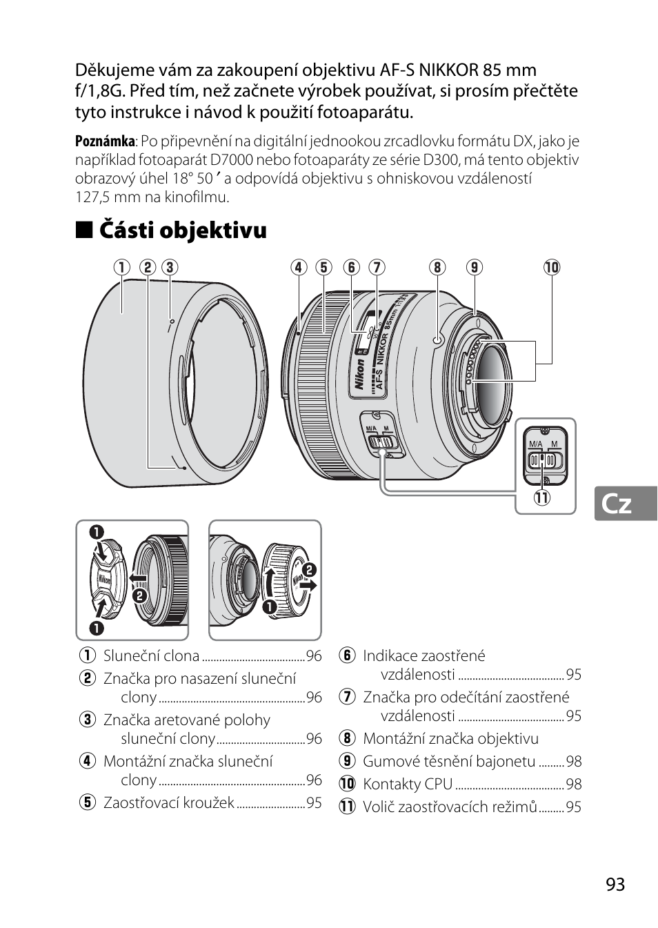 Části objektivu | Nikon 85mm-f-18G-AF-S-Nikkor User Manual | Page 93 / 172