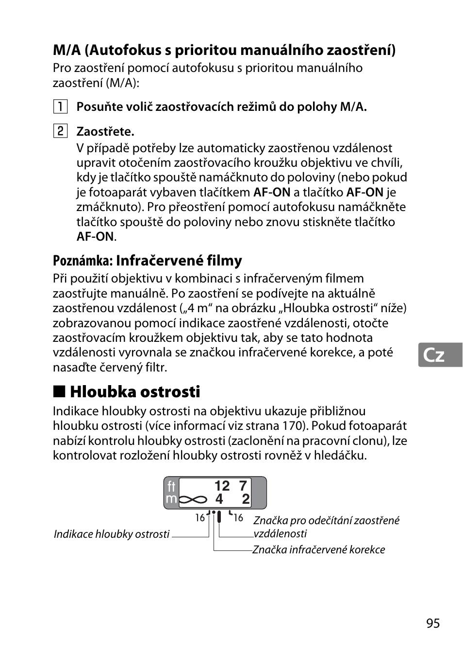 M/a (autofokus s prioritou manuálního zaostření), Hloubka ostrosti | Nikon 85mm-f-18G-AF-S-Nikkor User Manual | Page 95 / 172