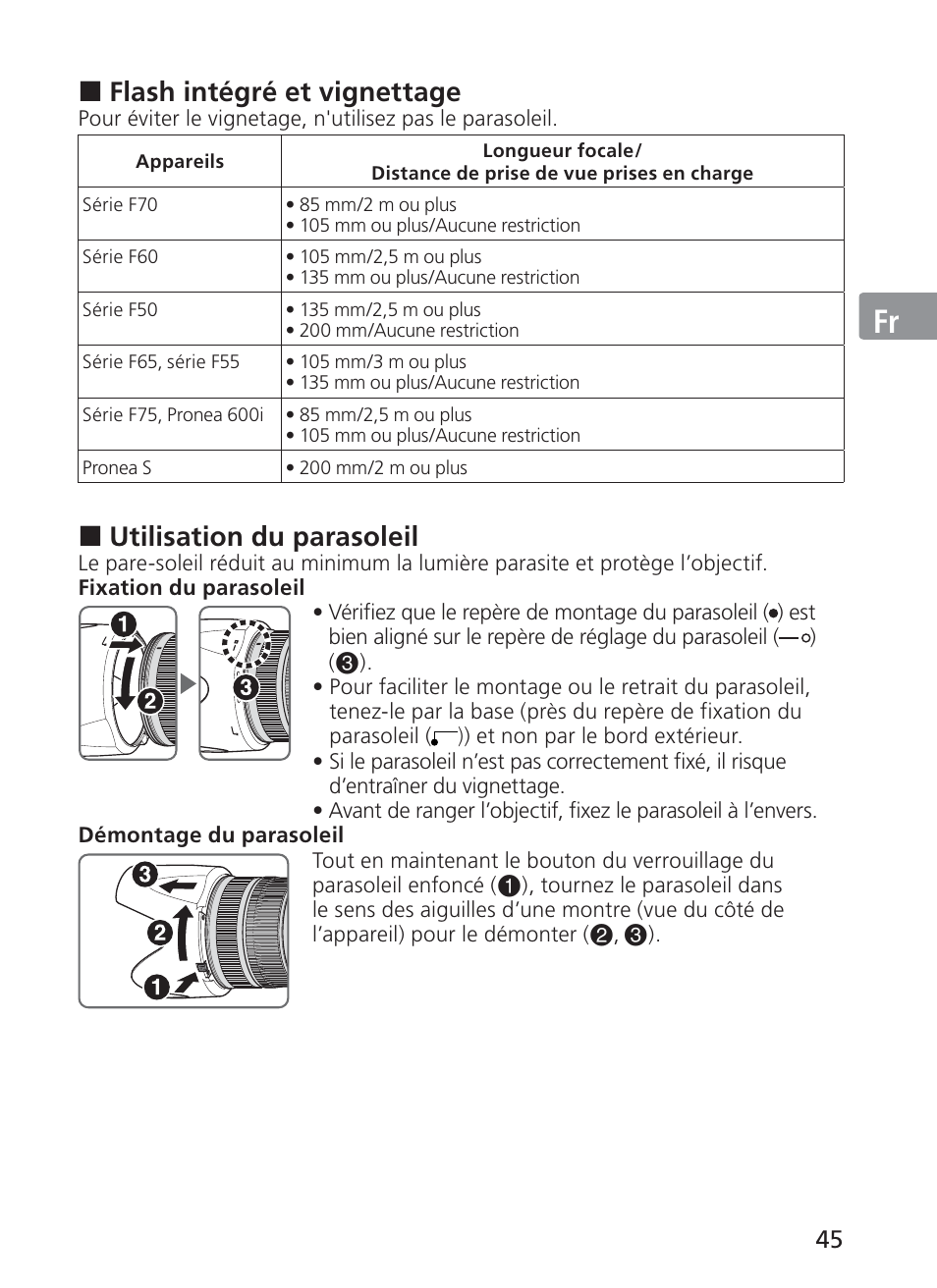Jp en de fr es se ru nl it ck ch kr, Flash intégré et vignettage, Utilisation du parasoleil | Nikon 70-200mm-f-28G-ED-AF-S-VR-II-Zoom-Nikko User Manual | Page 45 / 180