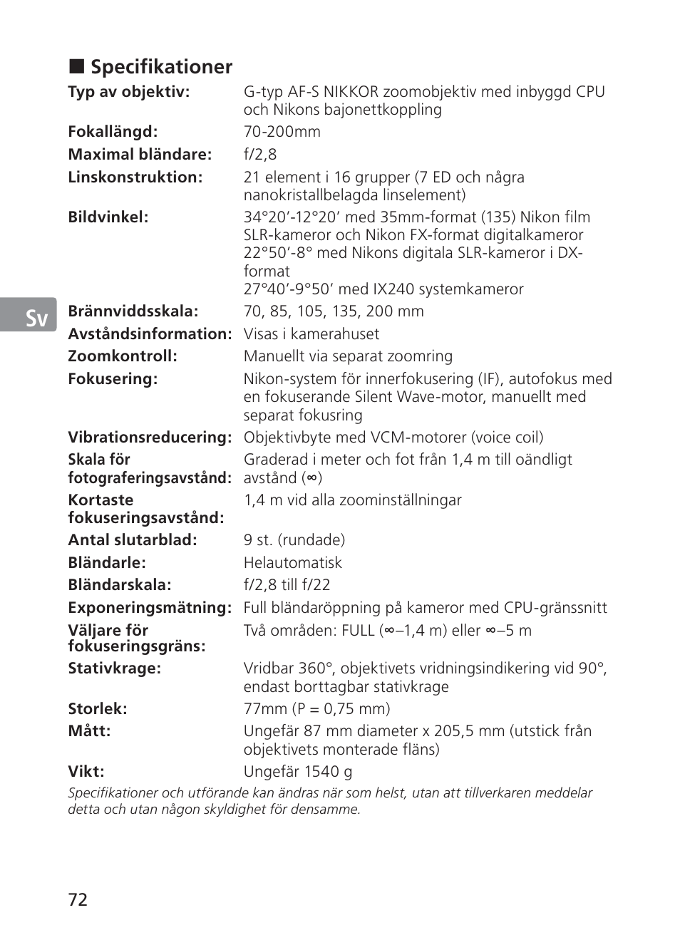 Jp en de fr es sv ru nl it ck ch kr | Nikon 70-200mm-f-28G-ED-AF-S-VR-II-Zoom-Nikko User Manual | Page 72 / 180