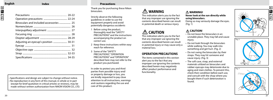 Caution, Warning, Operation precautions | Nikon EDG User Manual | Page 11 / 35